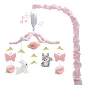 lot 9112 image: NICEMER Baby Crib Mobile for Girls, Soft Knitted Woodland Characters Rabbit Squirrel, Pink and White Nursery Decor, Calming Soother with 12 Lullabies Essential and Perfect Gift for Girls