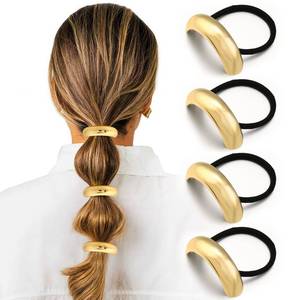 lot 10041 image: 4PCS Gold Hair Ties, Metal Hair Ties for Thick Hair, Elegant Durable Round Geometric Design Hair Cuffs, Gold Hair Accessories Stretchy Non-Damage Ponytail Holders