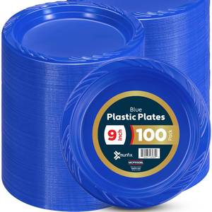 lot 10049 image: Munfix 100 Blue Plastic Plates Set - 9 Inch Disposable Dinner Plates Bulk Pack, for Party, BBQ, Picnic, Parties, Travel and Events, Microwavable Recyclable