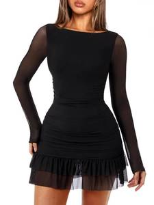 lot 10078 image: OZICERD Women Boat Neck Bodycon Mini Dresses Long Sleeve Going Out Dress Ruffle Mesh Short Elegant Club Cocktail Party Dress Black M