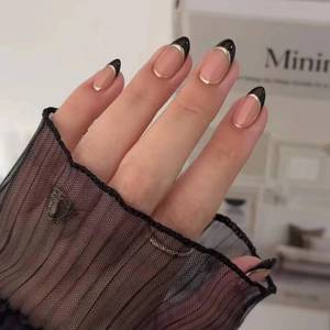 lot 10090 image: 24Pcs Black French Tip Press on Nails Short Almond Fake Nails Nude False Nails with Silver Line Design Stick on Nails Reusable Artificial Acrylic Glue on Nail for Women Nail Art Decoration