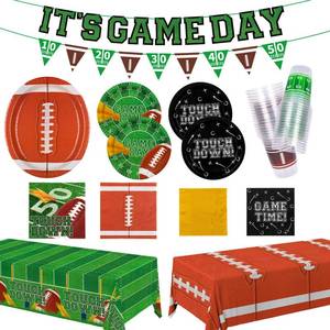lot 10098 image: Gatherfun Football Party Supplies Kit for 24 Guests - Includes Large 12.5in Plates, Dessert Plates, Napkins, Cups, Banner and Touchdown Tablecloth - for Football Tailgate Party Decorations