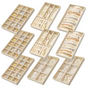 lot 10113 image: Jewelry Trays Organizer for Drawer, 9 Set of Small Jewelry Display Case Storage Velvet Stackable Drawer Inserts Organizer for Necklaces Bracelets Earrings Rings (Beige)