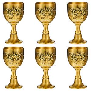 lot 10114 image: wutfuooo 6 Pcs Mini Chalice Goblet Vintage Gold Goblets Copper Wine Goblets Small Chalice Cup Medieval Wine Glasses Zinc Alloy Flower Embossed Shot Glasses for First Communion Altar Drinking (1 oz)