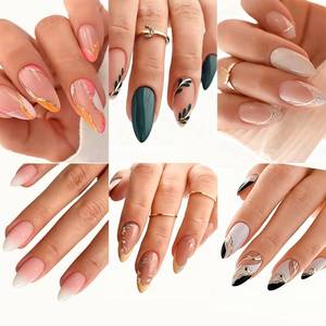 lot 10126 image: 6 Packs (144 Pcs) Press on Nails Medium Almond Fake Nails French Tip False Nails with Designs Leaf Glue on Nail Full Cover Glossy Acrylic Stick on Nail for Women Manicure (Style-16)
