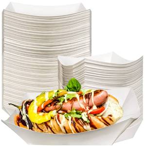 lot 10136 image: MotBach 100 Pack 3lb Kraft Paper Food Trays, Waterproof Heavy-Duty Paper Food Boats Disposable Serving Baskets Trays for Fries Sandwiches Burgers Hot Dogs Taco Popcorn Christmas Wedding (White)