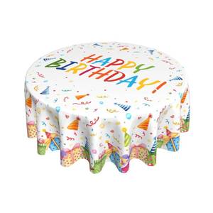 lot 10147 image: Birthday Tablecloth Round 70 Inch Colorful Gift Box Ribbon Hat Print Happy Birthday Themed Decorative White Table Cloth Seasonal Festive Rustic Farmhouse for Indoor Party Kitchen Dinner Picnic Decor