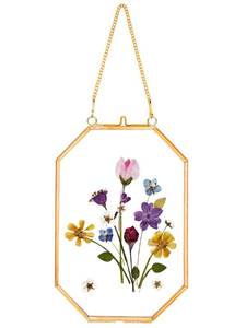 lot 10160 image: REDHUGO Pressed Flower Frames, Glass Floating Frames for Display Dried Plant Specimen Picture, Hanging Brass Photo Frame with Chain, Double Clear Glass, Vintage Wall Decor, Octagon, Gold, 4x6 Inches