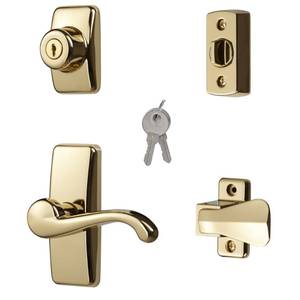 lot 10170 image: Ideal Security GL Door Lever Set with Keyed Deadbolt Lock for Storm and Screen Doors, Bright Brass (4-Piece Set)