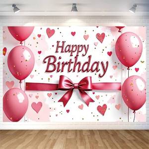 lot 10180 image: Pink Bow Happy Birthday Backdrop Banner Pink Balloon Heart Photography Background for Girls Home Outdoor Birthday Party Decoration Supplies 70.8 x 47.2 Inch