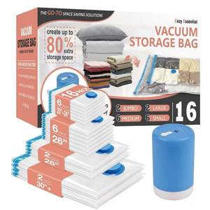 lot 11793 image: Cozy Essential Travel Vacuum Storage Bags with Rechargeable Cordless Electric Pump, Space Saver Bags for Luggage, Suitcase, Carry-On, for Clothes, Blankets, Comforters, Pillows, 16 Combo Turns On