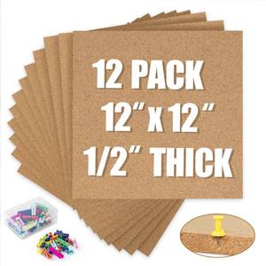 lot 11803 image: AKTOP Cork Board Bulletin Board 12x12, 12 Thick Cork Board Tiles 12 Pack, Small Square Pin Board for Wall, Self Adhesive Corkboards with 120 Push Pin Wood Clips for School, Home and Office (Not Cork Wood) in