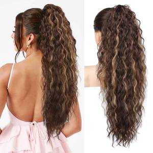 lot 11805 image: REECHO Ponytail Extension 30 Long Claw Clip Ponytail Extension Curly Wavy Pony Tails Hair Extensions Clip in Synthetic Hairpiece for Women, Dark Brown with Highlightsin