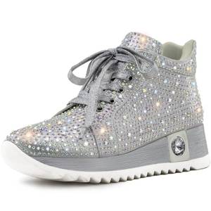 lot 11810 image: FINDVELL Womenfts Fashion Glitter Sneakers Platform Wedge Shoes Sparkly Rhinestone High Top Sneakers Trendy Sequin Shoes Wedding Bride Dress Size 8 Silver