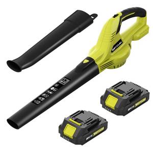 lot 11814 image: SEYVUM Leaf Blower, 20V Cordless Blower with 2 x 2.0Ah Battery, Electric Leaf Blowers for Lawn Care, 320 CFM 150 MPH Battery Powered Leaf Blower, for Patio, Garden Cleaning, Light Lemon Green ( Turns On)