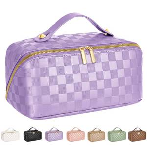 lot 11831 image: ALEXTINA Travel Makeup Bag, Vegan Leather Large Capacity Cosmetic Bags for Women,Waterproof Portable Pouch Open Flat Toiletry Bag Makeup Bag Organizer with Fixed Divider, Purple