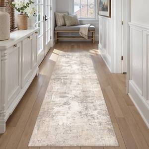 lot 11841 image: WondRg 2x7 Washable Runner Rug Beige Grey Abstract Non Slip Soft Low Pile Hallway Kitchen Rug Neutral Modern Carpet for Laundry Bathroom Bedroom Living Room Home Decor