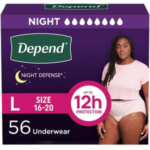 lot 11853 image: Depend Night Defense Adult Diapers, Incontinence and Postpartum Bladder Leak Underwear for Women, Disposable, Overnight, Large, Blush, 56 Count (4 Packs of 14), Packaging May Vary