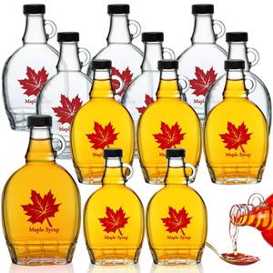 lot 11863 image: Havawish 12 Pcs Glass Maple Syrup Bottles Reusable Clear Glass Bottles with Loop Handle and Black Plastic Lids Jars Syrup Container for Potion Sauce Oil Milk Juice Storage Gift(8 oz) (Missing One Bottle)