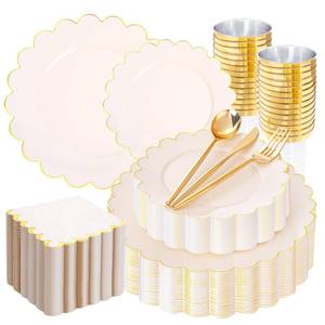 lot 11866 image: LIYH 210 Pcs Ivory Plastic Plates Scalloped Plastic Plates Disposable Dinnerware Set Cream Gold Scalloped Plate Include Plate Gold Silverware Napkins Cup for Birthday Valentinefts Day 30 Guests