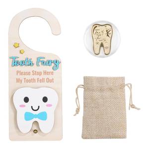 lot 12273 image: Lummitwit Tooth Fairy Door Hanging Tooth Fairy Storage Bag One Tooth Fairy Coin Keepsake Wooden Tooth Holder with Money Slot to Commemorate Your Childfts First Lost Tooth, Tooth Fairy Gift(Blue)