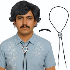 lot 12286 image: AMZCOS Short Black Wig for Men with Mustache and Bolo Tie for Mens Funny Costume 70s 80s Shag Cosplay Wig for Halloween Party