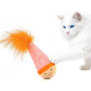 lot 12287 image: Lulufts world Cat Feather Toy, Catnip-Free Wooden Tumbler for Kittens and Indoor Cats, Interactive Wobble Starter Toy (Niuniu)