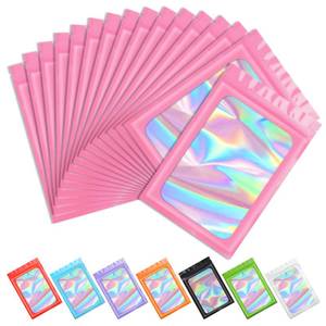 lot 12299 image: Funfery 100 pcs Pink Smell Proof Mylar Holographic Bags Packaging Bags,Clear Resealable Odor Proof Bag Foil Pouch Bag for Food Storage,Lipgloss,Jewelry,Eyelash Packing for Small Business(3.9x7.1Inch)