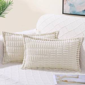 lot 12307 image: decorUhome Decorative Cream White Throw Pillow Covers 12x20 Set of 2 with Splicing, Boho Soft Corduroy Broadside Twill Spring Pillow Covers for Couch Bed Sofa Living Room