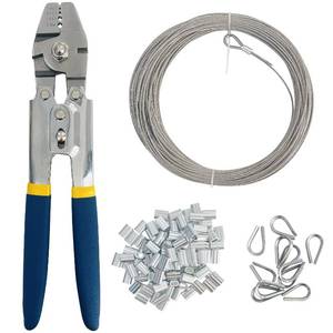 lot 12309 image: Socpuro Wire Rope Crimping Tool Kit, Crimping Swaging Plier with 116 Inch x 100ft Stainless Steel Cable, 100Pcs Aluminum Crimping Loop Sleeve and 12Pcs Wire Rope Thimbles Kit