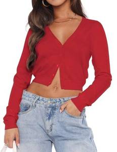 lot 12331 image: LEEDYA Red Cardigan Sweaters for Women Lightweight Jackets Long Sleeeve Cardigan Button Down Shirt Crochet Knit Crop Dressy Fall Tops Red S