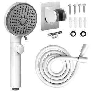 lot 12338 image: RV Shower Head with Hose, High Pressure 5 Mode Shower head Replacement, Showerheads for RVCampers, Travel Trailer, Motorhome for Water Saving, Shower Head Holder and Hose, On Off Switch, White (Missing Pieces)