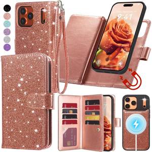 lot 12346 image: Varikke for iPhone 17 Pro Wallet Case Compatible with Magsafe Detachable Magnetic Flip with RFID Blocking Card Holder, Glitter PU Leather Wrist Strap Phone Case for iPhone 17 Pro 6.3, Rose Goldin