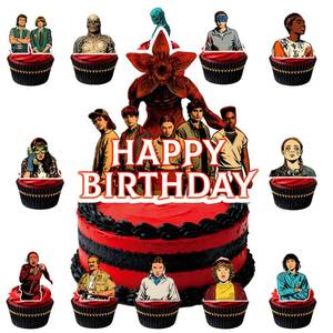 lot 12347 image: 25 Pcs TV Series Character Happy Birthday Cake Toppers, Horror Theme Cake Topper, Includes 1 Happy Birthday Topper and 24 Dessert Decorations.