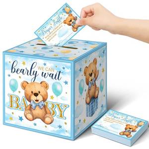 lot 12348 image: Spakon 51 Pieces Bear Diaper Raffle Tickets with Box Blue for Baby Shower Supplies Game Decoration Gender Reveal Party Bear Themed Insert Card Ticket Invitation Advice and Wishes(Null)