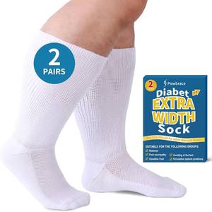 lot 12352 image: Powbrace 2 Pairs Wide Diabetic Socks for Men Women Plus Size, Lymphedema, Swollen Feet, Edema, Loose Fit, Non-Binding, Bariatric, Hospital Cast - White