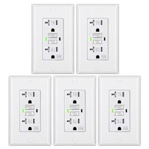 lot 12385 image: DEWENWILS 5-Pack GFCI Outlet 20Amp, Outdoor Weather-Resistant(WR), Tamper-Resistant(TR), UL Listed, Gfi Self-Test, LED Indicator, Wallplate Included with Thinner Design, White