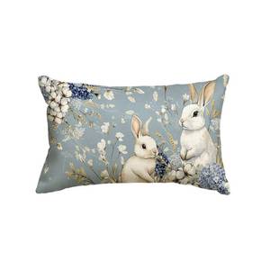 lot 12397 image: AVOIN colorlife Easter Bunny Blue Throw Pillow Cover, 12 x 20 Inch Hydrangea Rabbits Cushion Case Decoration for Sofa Couch