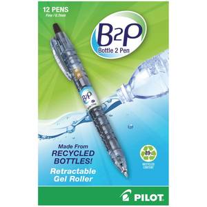 lot 12400 image: PilotBottle to Pen B2P Retractable Gel Pens, Fine Point, 0.7 mm, 89percent Recycled, Translucent Barrel, Black Ink, Pack Of 12
