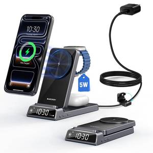 lot 12447 image: 3 in 1 Charging Station for Apple, Magnetic Charger for iPhone, Foldable Wireless Charger with Clock, Travel Watch Charger Stand for iPhone 17Air1615 Series, iWatch 10AirPods 4 (Grey)