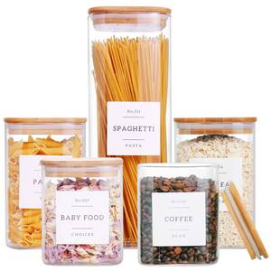 lot 13239 image: CZZGSM 5 Pack Square Glass Pantry Storage Containers with 132 Kitchen Food Pantry Labels - Clear Glass Jars with Airtight Wood Bamboo Lids - Glass Canisters for Cookies, Nuts, Cereal