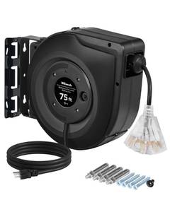 lot 13251 image: WILAWELS Retractable Cord Reel, 75 FT Heavy Duty Extension Cord, 14AWG3C SJTOW, 3 Grounded Outlets Lighted Triple Tap, 10A Circuit Breaker, WallCeiling Mounted, UL Listed, Black H75CR06