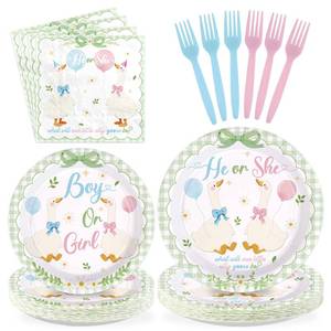lot 14395 image: Greencian 96 Pcs Sage Green White Goose Gender Reveal Decorations Baby Shower Plates and Napkins Goose Baby Shower Tableware Set for Gender Reveal Birhday Party Supplies, Serves 24