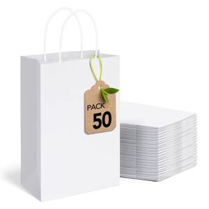 lot 14415 image: MESHA White Gift Bags 5.25x3.75x8 Inch 50 Pack,Small Paper Shopping Bags with Handles Bulk,Heavy Duty Reusable for Business Grocery Birthday Wedding Kids Party Favors (Made in USA)