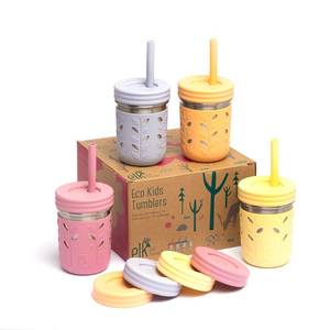 lot 14423 image: Elk and Friends 10oz Stainless Steel Kids  Toddler Drinking Cups  The Original Mason Jar with Sleeves  Lids  Silicone Straws  Smoothies  Storage Jar  Spill Resistant  Dishwasher Safe  4 Pack