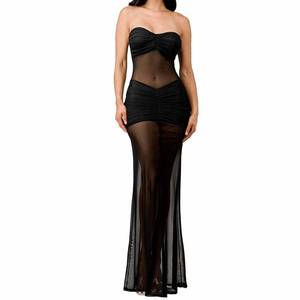 lot 14451 image: LINNSUJH Black Sheer Mesh Long Dresses for Women Sexy Strapless See Through Maxi Dress Y2K Transparent Rave Outfits Night Club Party Cocktail Honeymoon Beach Concert