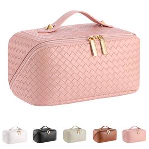 lot 14477 image: Large Capacity Travel Cosmetic Bag - PU Leather Makeup Organizer Bag Portable Woven Makeup Bags for Women Waterproof Travel Toiletry Bag with Divider Pouch, Pink