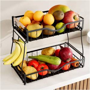lot 15380 image: THKVESN 2 Tier Fruit Basket for Kitchen Countertop with 2 Banana Hangers,Detachable Metal Fruit Bowl with Wooden Handles and Protective Pads,Large Capacity Fruit and Vegetable Basket Organizer,Black