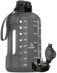 lot 15407 image: AQUAFIT 1 Gallon Water Bottle with Time Marker - Straw and Chug Lid - BPA Free Gym Water Bottle with Straw - Big Gallon Jug (Gray, 128 oz - 2in1 Lid)