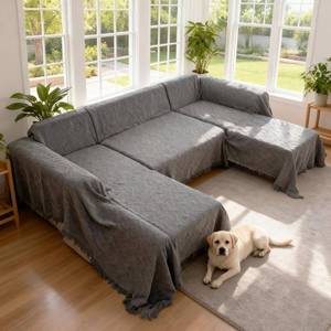 lot 15413 image: VANITURE Sectional Couch Covers U Shape, 3 Pieces Sofa Cover for Sectional Sofa, Washable U Shaped Couch Cover Blanket with Chaise Lounge for Dogs - Dark Gray (2PC 110x63in  1PC 90inx71in)in